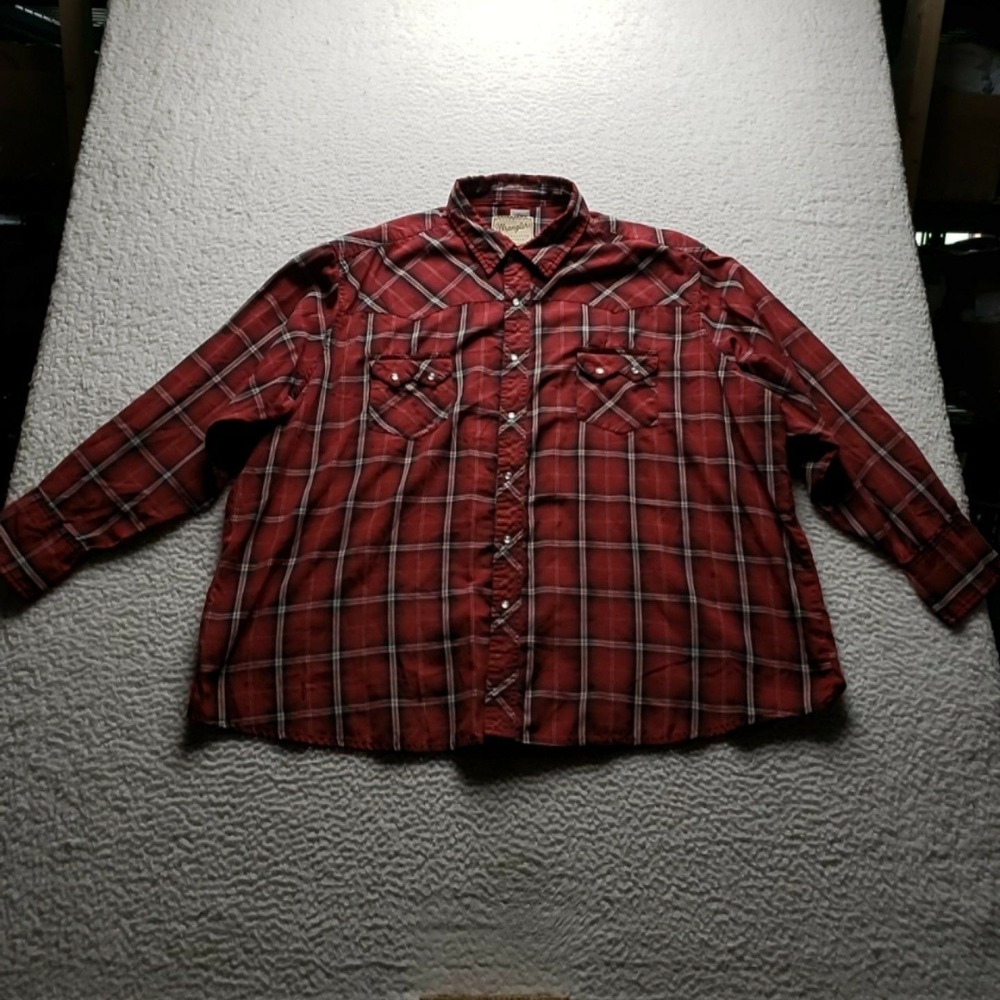 Wrangler Shirt Mens Big 3XL Red Plaid Long Sleeve Western Snap Pockets Casual